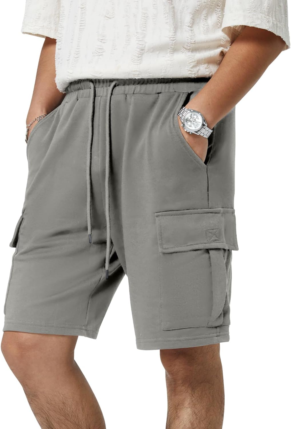 Mens Casual Sweat Cargo Cotton Shorts Drawstring Elastic Waist Athletic Workout - Picture 37 of 57