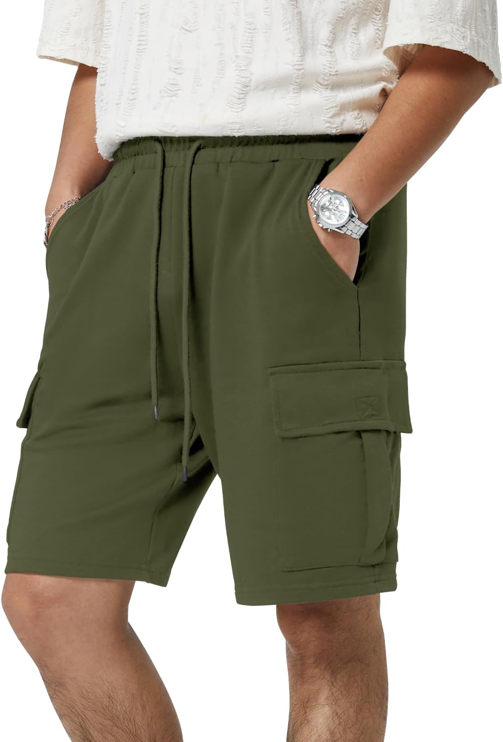 Mens Casual Sweat Cargo Cotton Shorts Drawstring Elastic Waist Athletic Workout - Picture 49 of 57