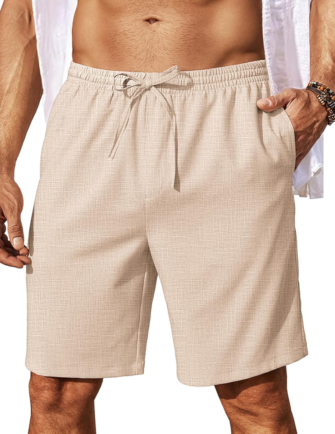 Mens Linen Shorts 9" Elastic Waist Drawstring Casual Shorts Lightweight - Picture 26 of 74