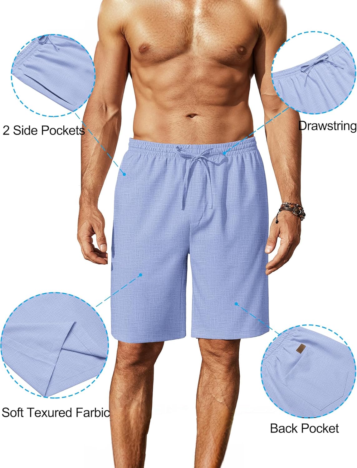 Mens Linen Shorts 9" Elastic Waist Drawstring Casual Shorts Lightweight - Picture 24 of 74