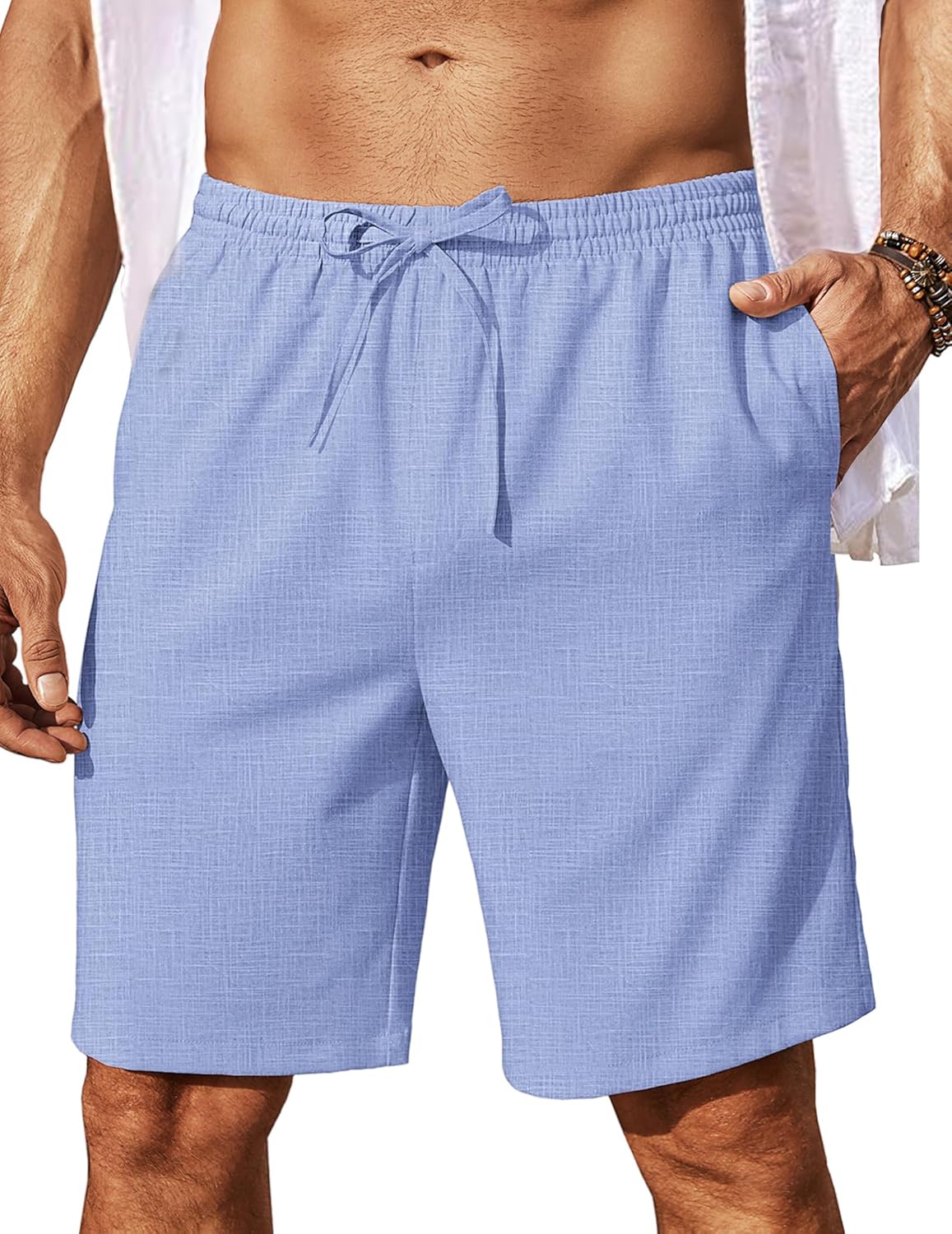 Mens Linen Shorts 9" Elastic Waist Drawstring Casual Shorts Lightweight - Picture 19 of 74