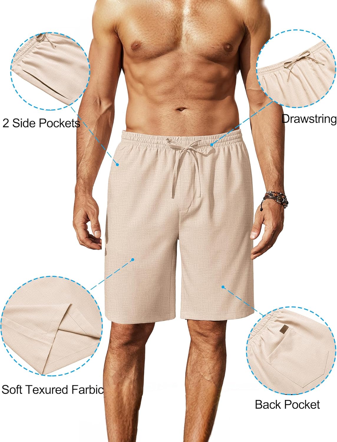 Mens Linen Shorts 9" Elastic Waist Drawstring Casual Shorts Lightweight - Picture 31 of 74