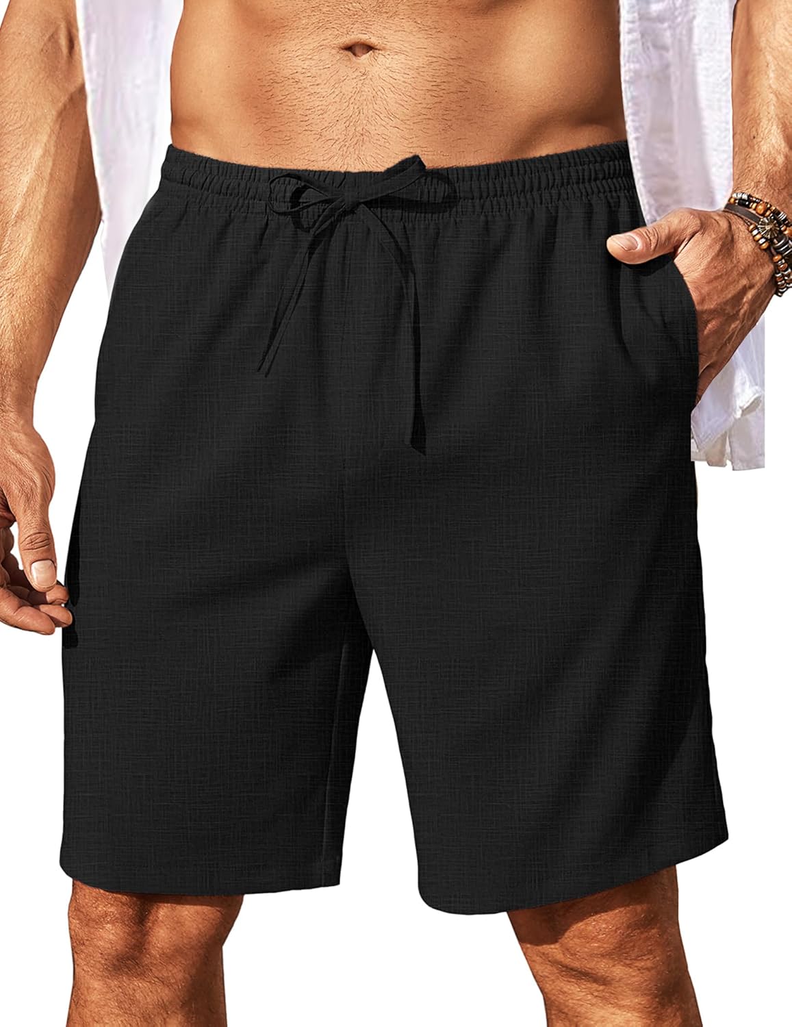 Mens Linen Shorts 9" Elastic Waist Drawstring Casual Shorts Lightweight - Picture 33 of 74