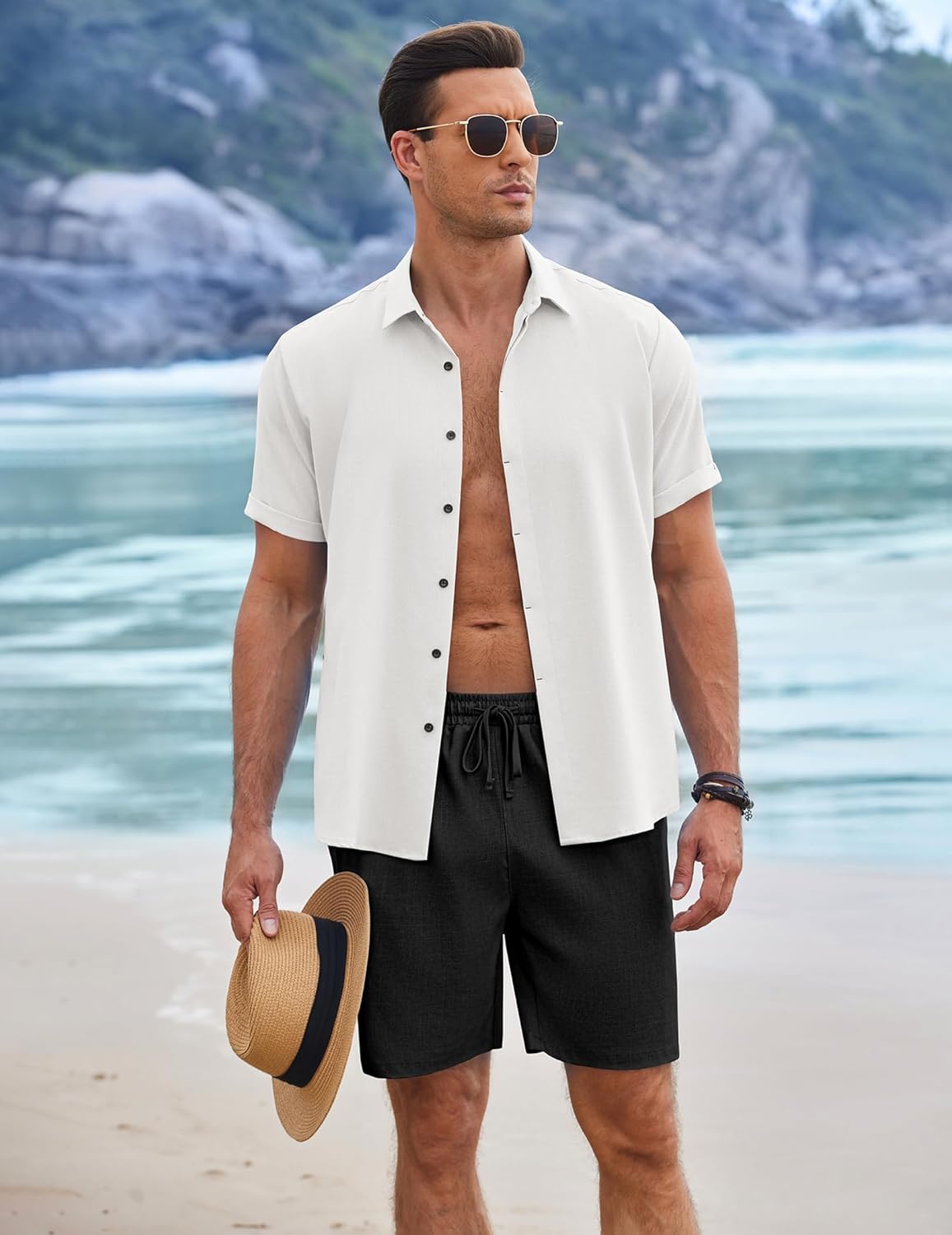 Mens Linen Shorts 9" Elastic Waist Drawstring Casual Shorts Lightweight - Picture 36 of 74