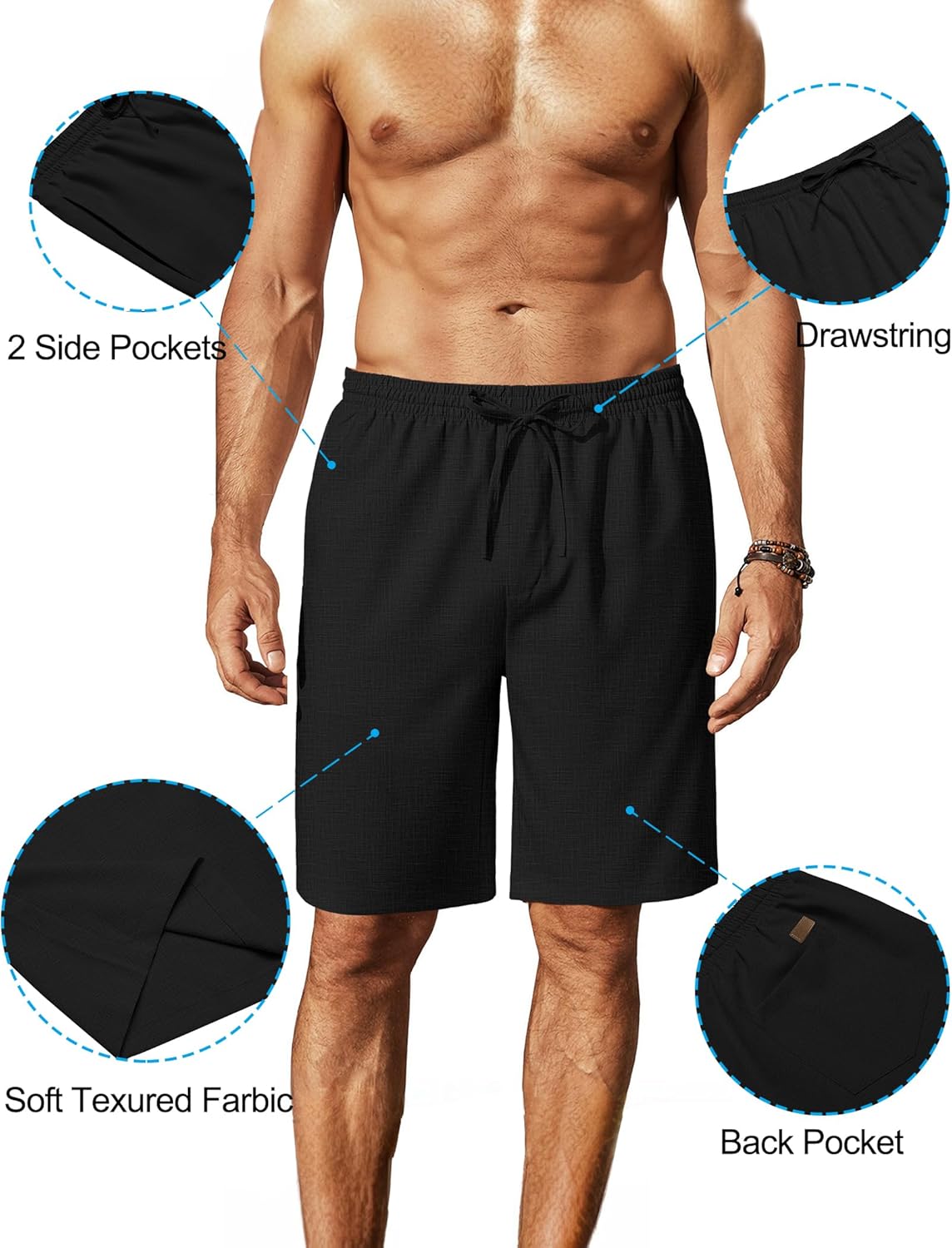 Mens Linen Shorts 9" Elastic Waist Drawstring Casual Shorts Lightweight - Picture 38 of 74