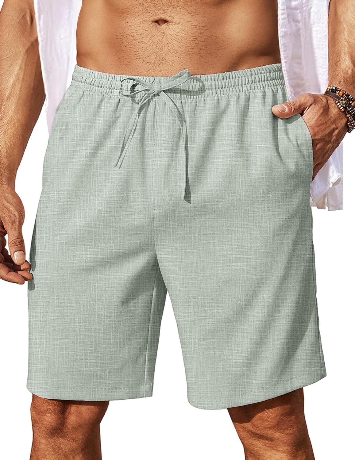Mens Linen Shorts 9" Elastic Waist Drawstring Casual Shorts Lightweight - Picture 40 of 74