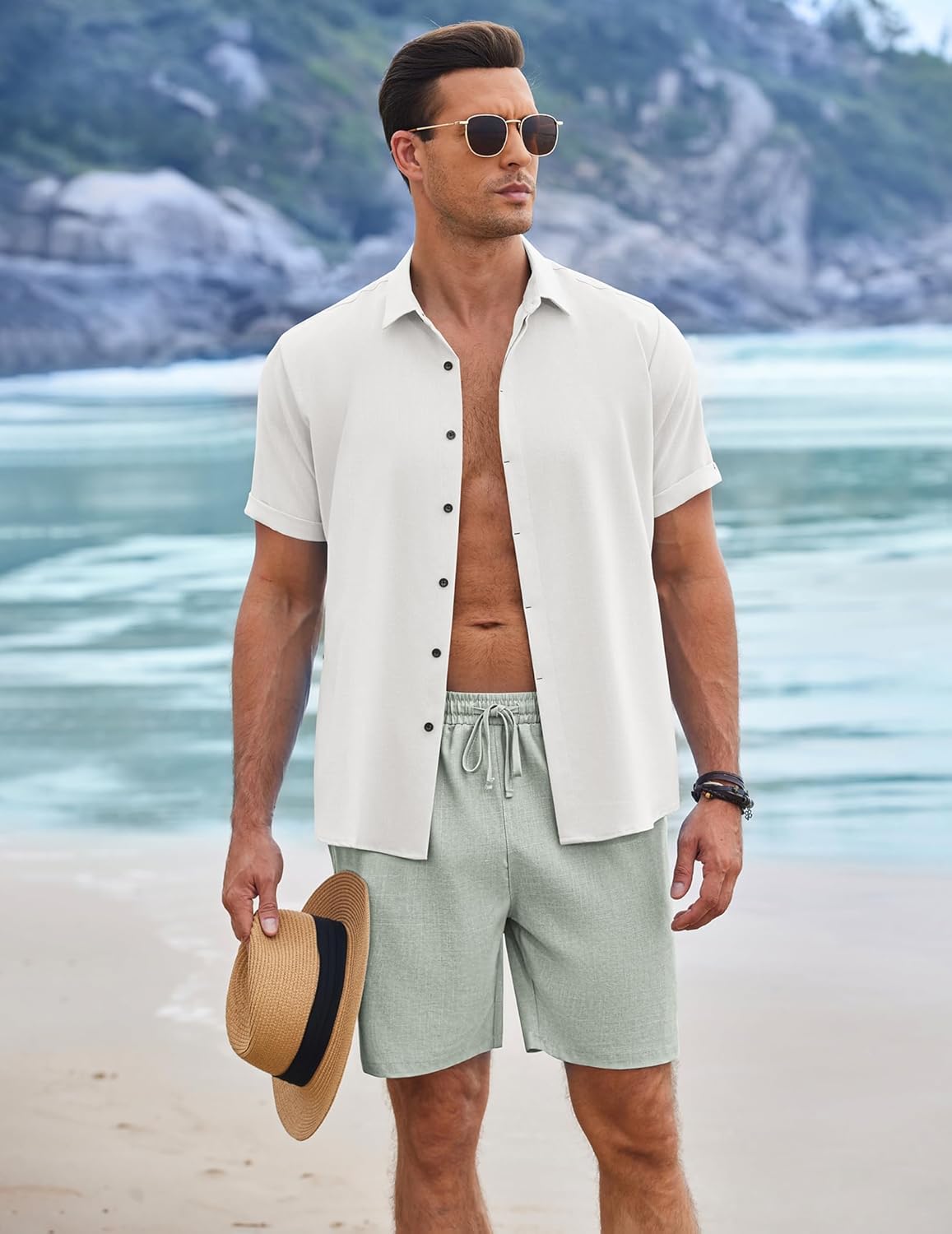Mens Linen Shorts 9" Elastic Waist Drawstring Casual Shorts Lightweight - Picture 43 of 74