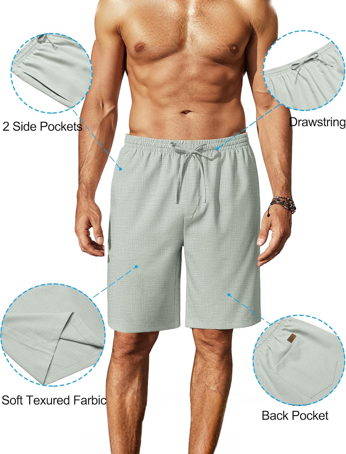 Mens Linen Shorts 9" Elastic Waist Drawstring Casual Shorts Lightweight - Picture 45 of 74