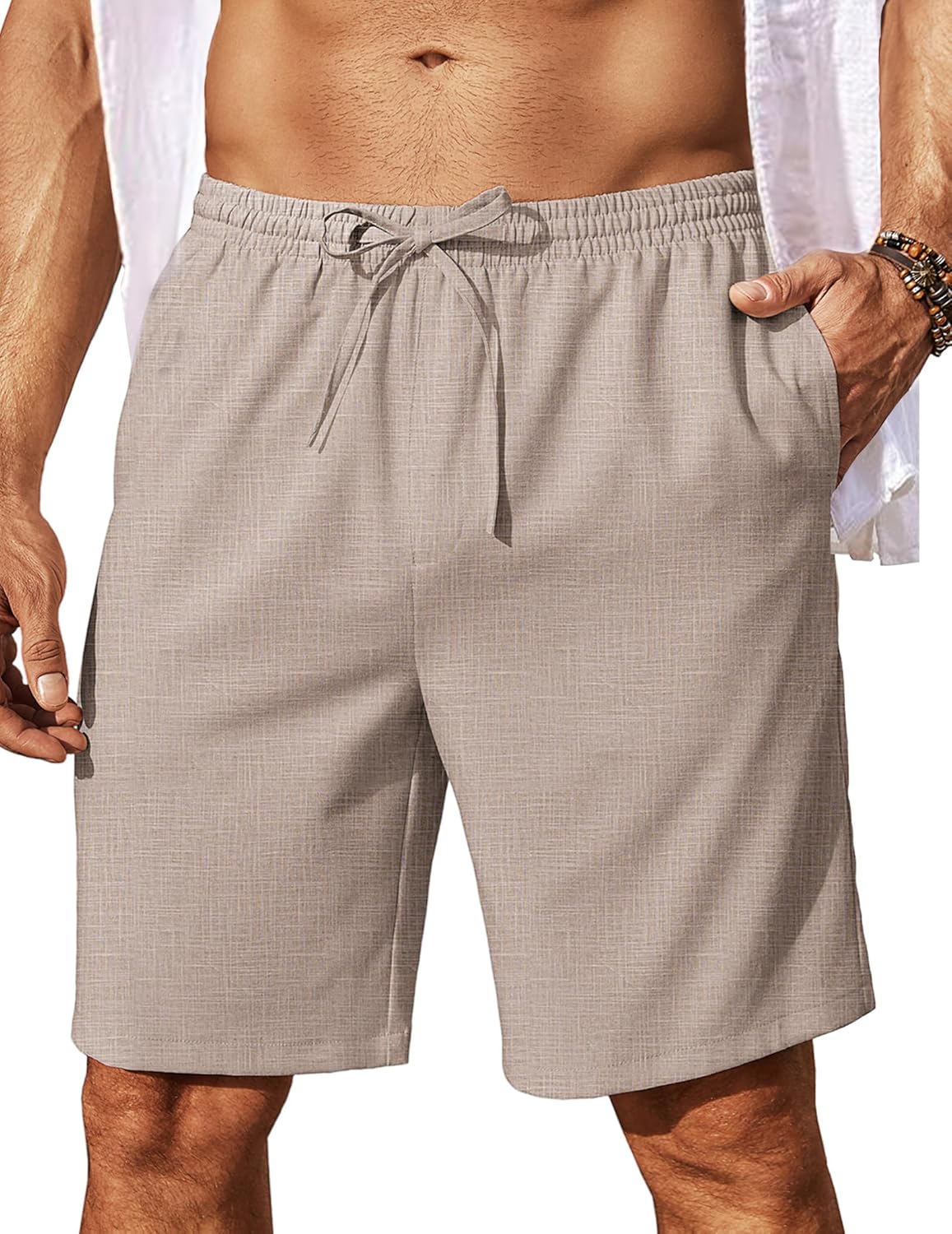 Mens Linen Shorts 9" Elastic Waist Drawstring Casual Shorts Lightweight - Picture 47 of 74