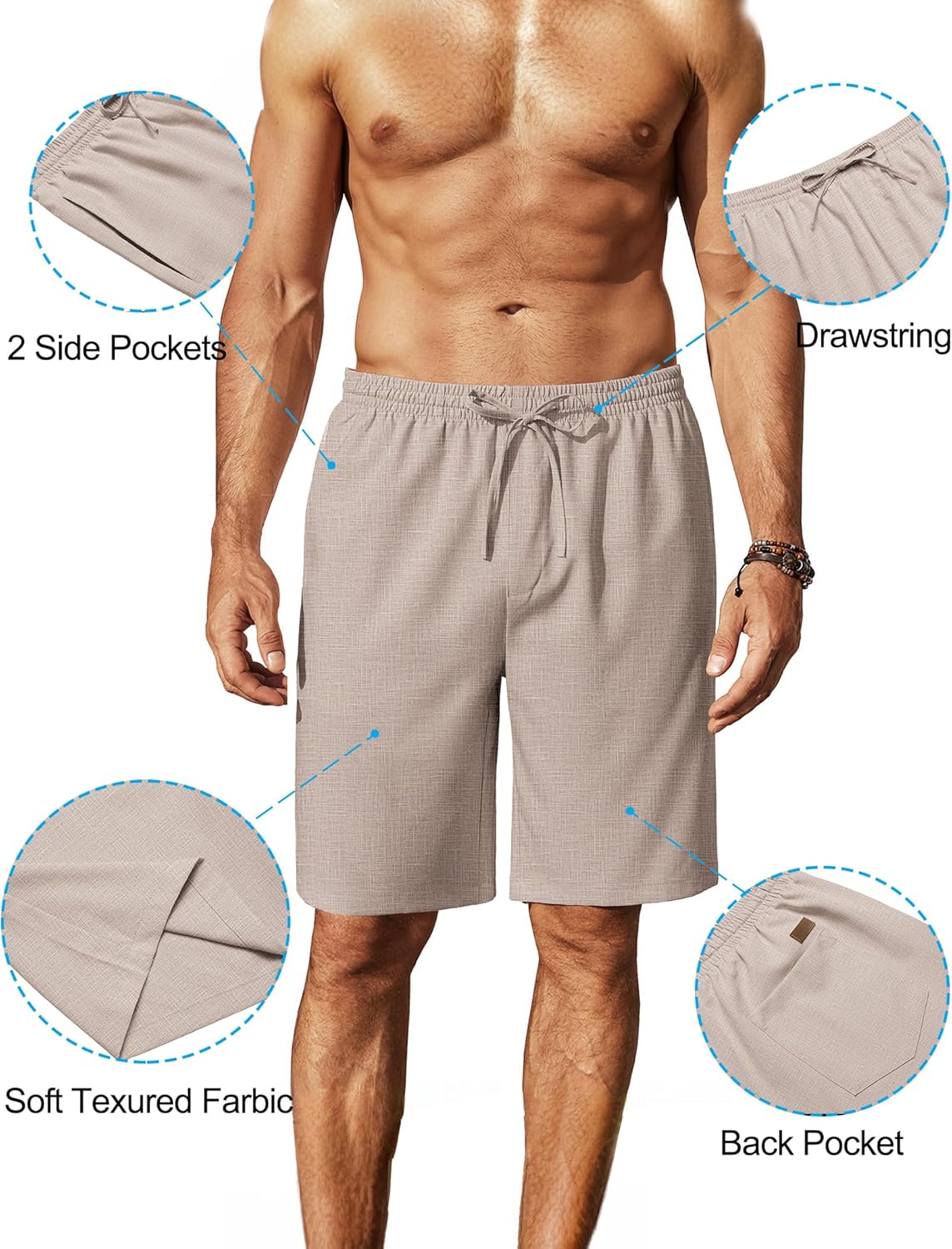 Mens Linen Shorts 9" Elastic Waist Drawstring Casual Shorts Lightweight - Picture 52 of 74