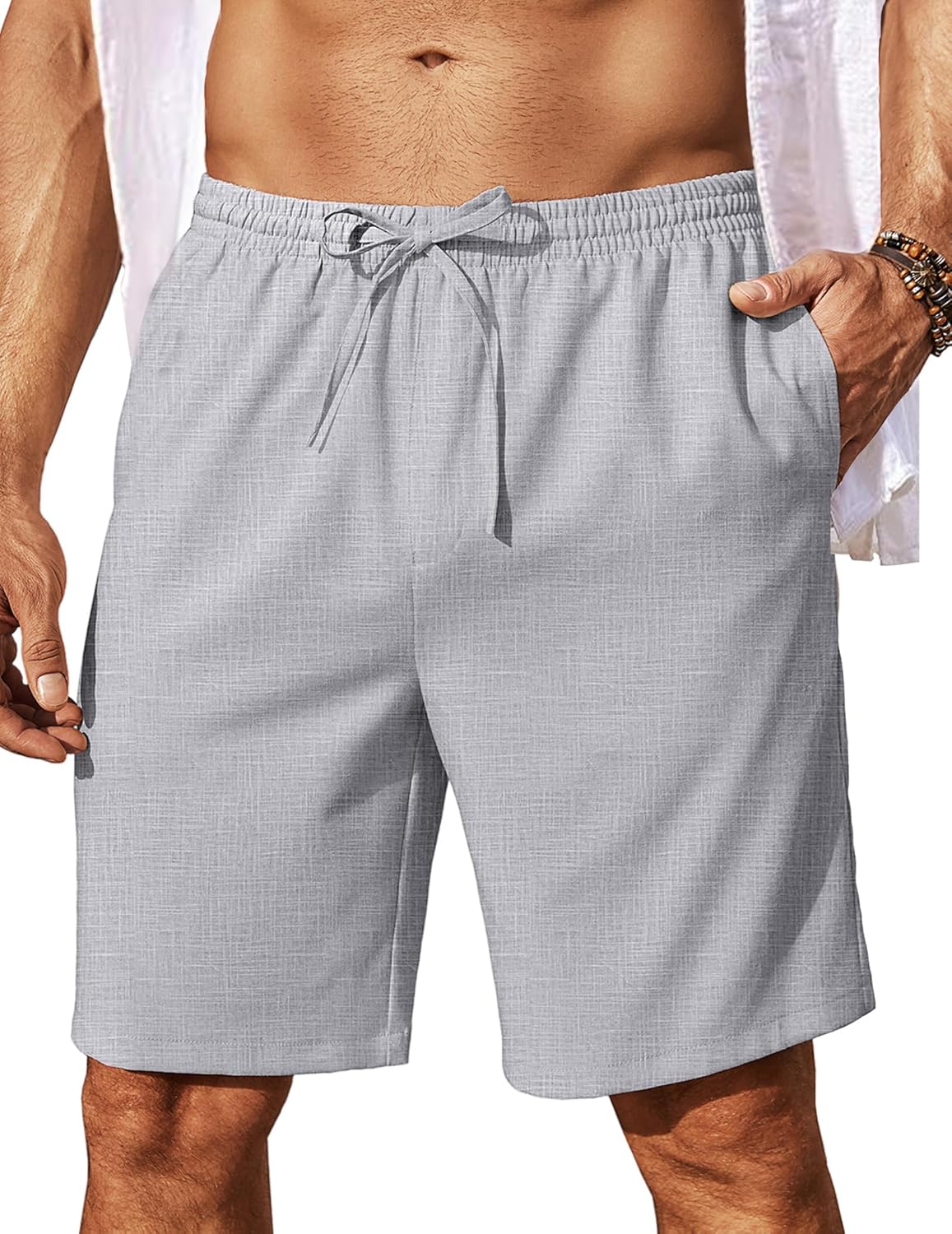 Mens Linen Shorts 9" Elastic Waist Drawstring Casual Shorts Lightweight - Picture 54 of 74