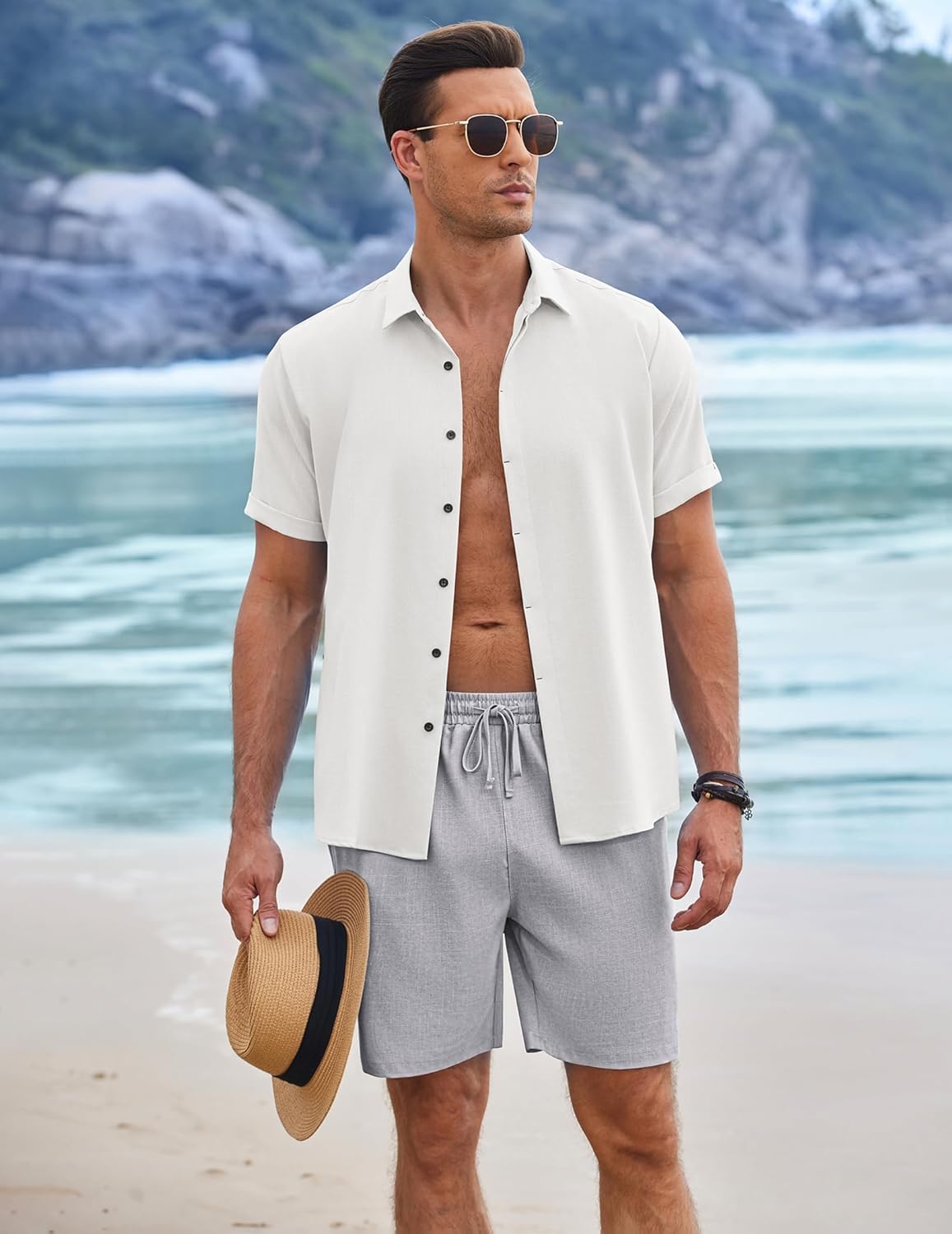 Mens Linen Shorts 9" Elastic Waist Drawstring Casual Shorts Lightweight - Picture 57 of 74