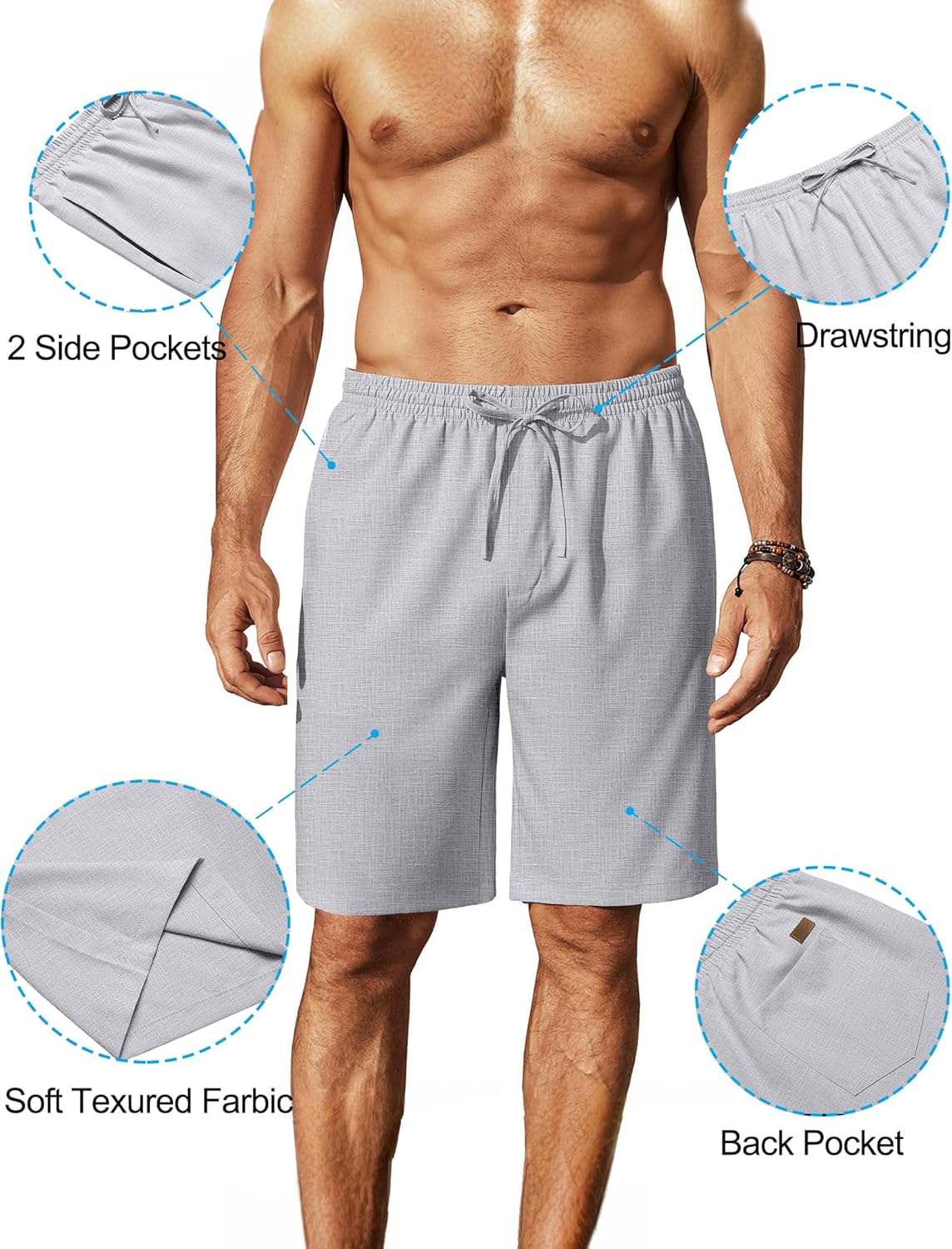 Mens Linen Shorts 9" Elastic Waist Drawstring Casual Shorts Lightweight - Picture 59 of 74
