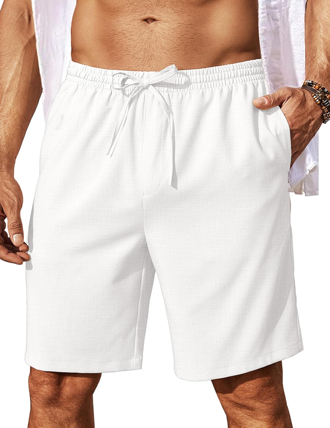 Mens Linen Shorts 9" Elastic Waist Drawstring Casual Shorts Lightweight - Picture 61 of 74
