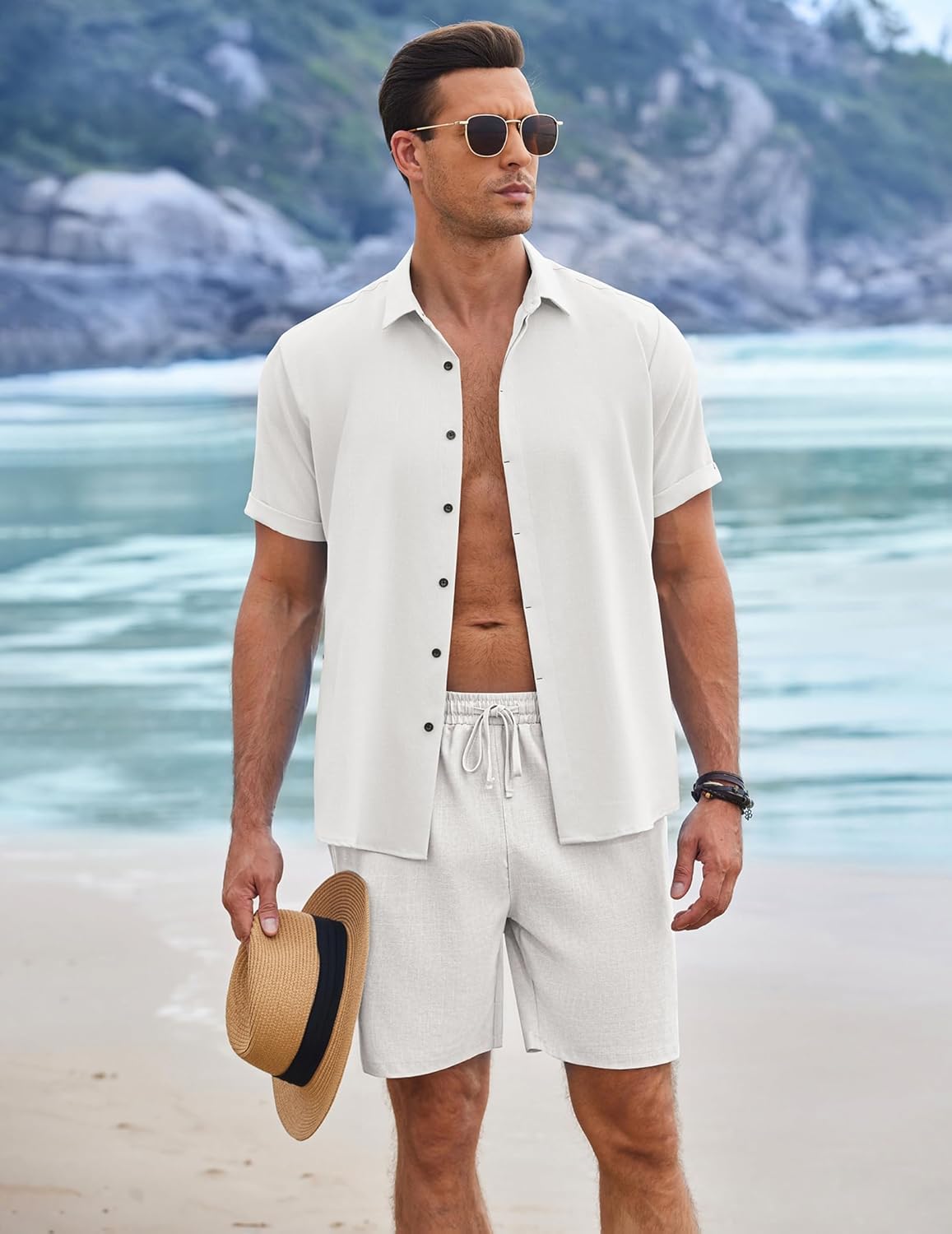 Mens Linen Shorts 9" Elastic Waist Drawstring Casual Shorts Lightweight - Picture 64 of 74