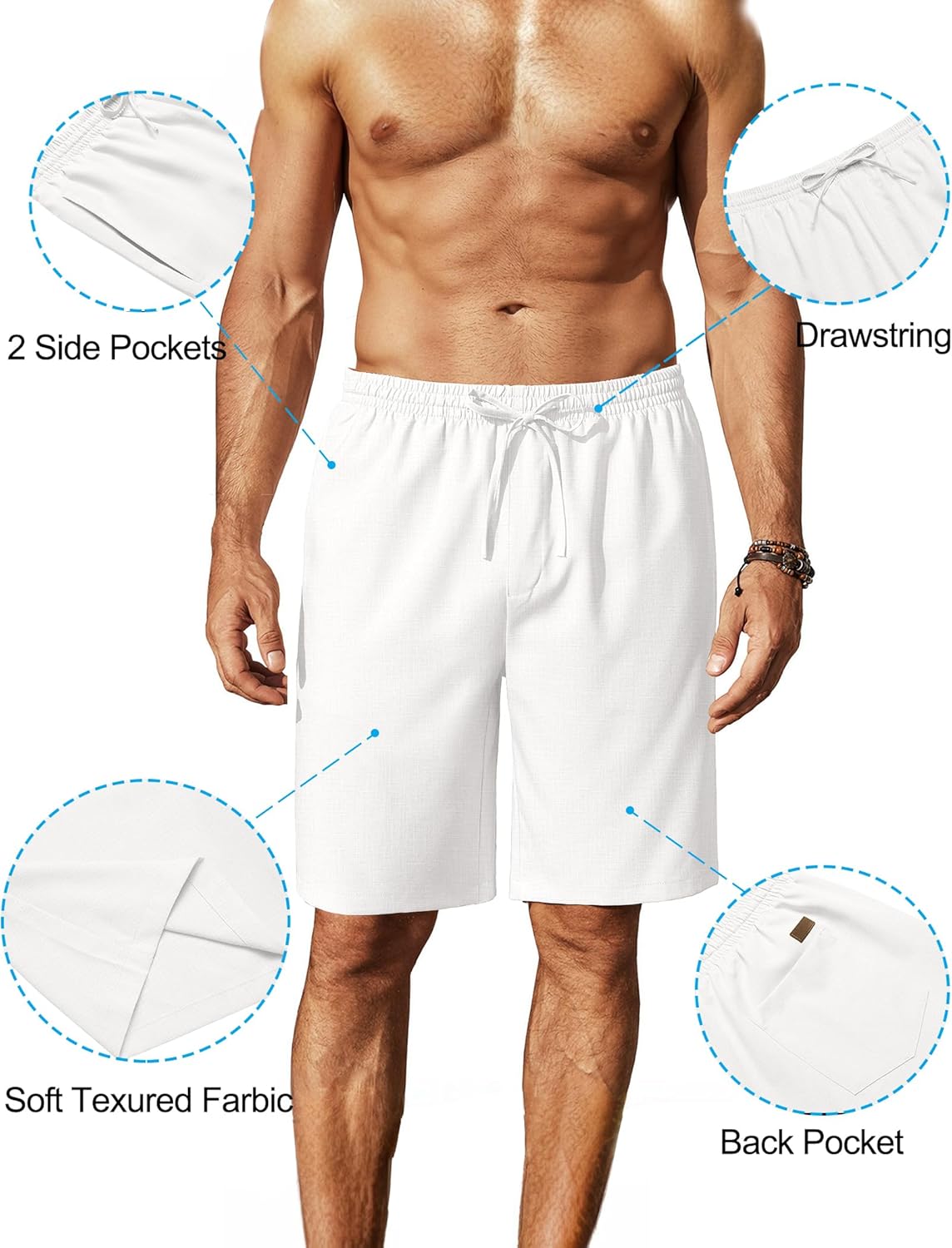 Mens Linen Shorts 9" Elastic Waist Drawstring Casual Shorts Lightweight - Picture 66 of 74