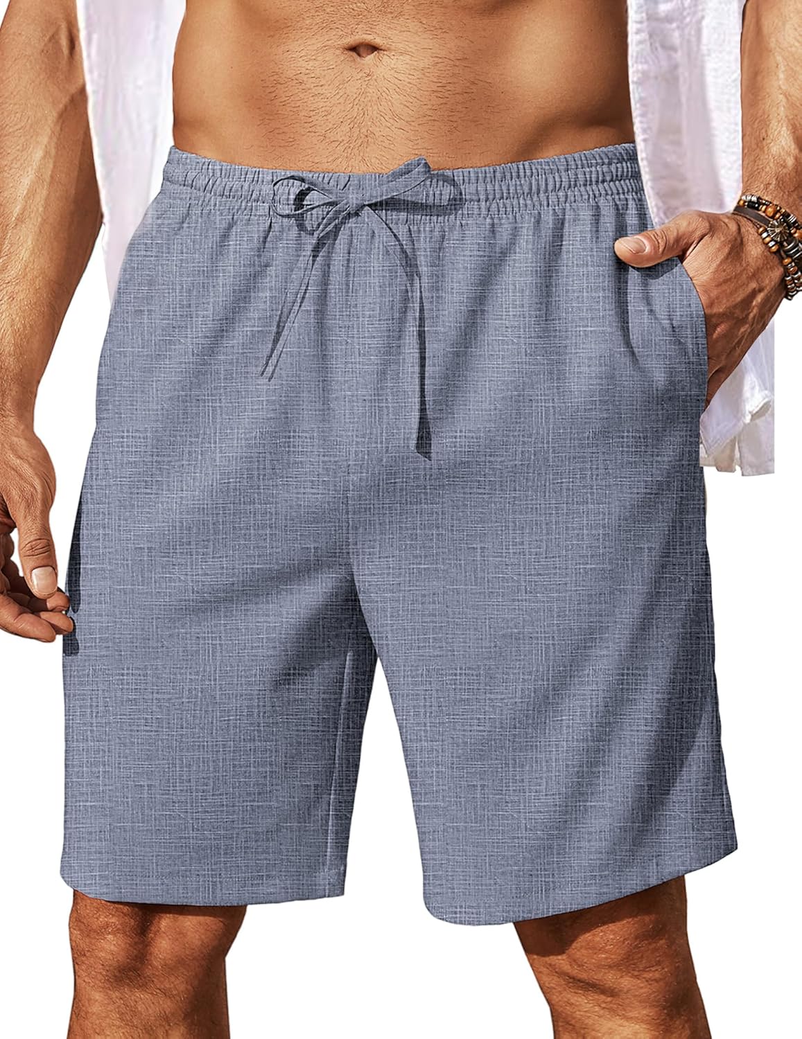 Mens Linen Shorts 9" Elastic Waist Drawstring Casual Shorts Lightweight - Picture 68 of 74
