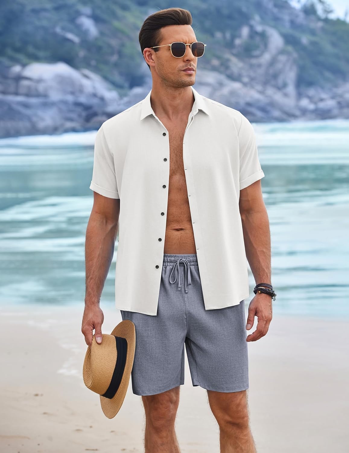 Mens Linen Shorts 9" Elastic Waist Drawstring Casual Shorts Lightweight - Picture 71 of 74