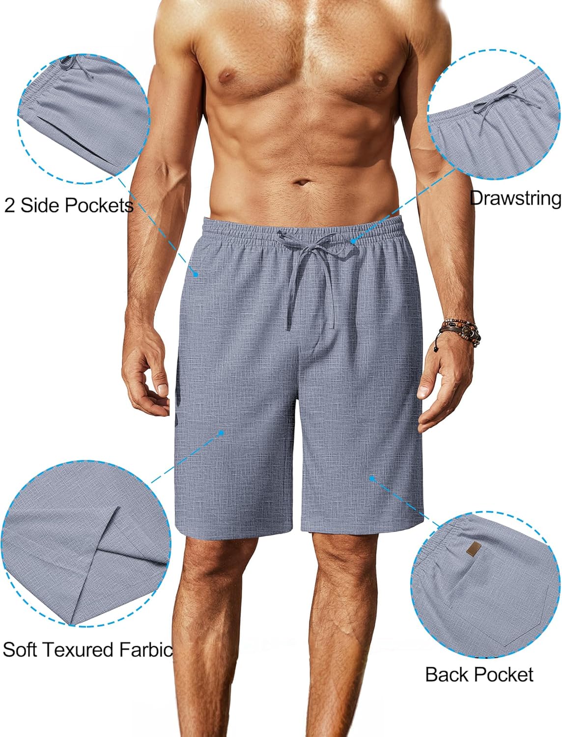 Mens Linen Shorts 9" Elastic Waist Drawstring Casual Shorts Lightweight - Picture 73 of 74