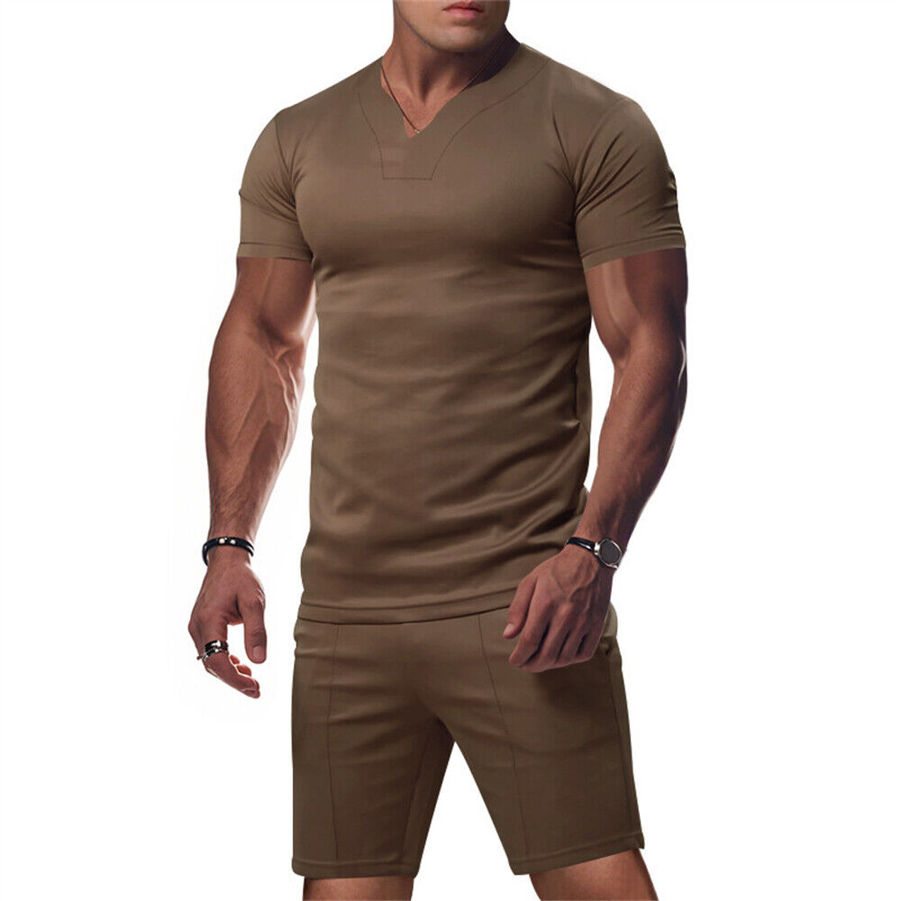 Mens Tracksuit 2-Piece Set Short Sleeve T Shirts Shorts Suit Fitness Outfit Sets - Foto 15 di 20