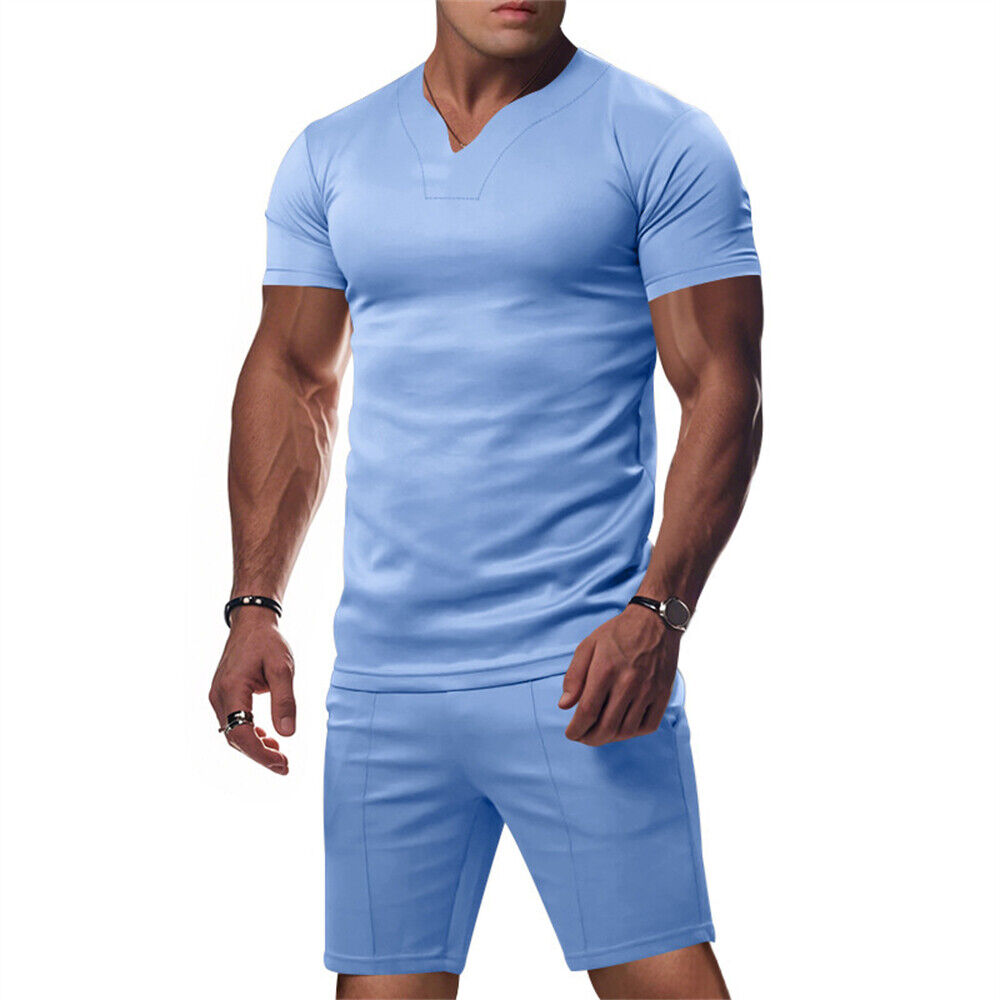 Mens Tracksuit 2-Piece Set Short Sleeve T Shirts Shorts Suit Fitness Outfit Sets - Foto 17 di 20