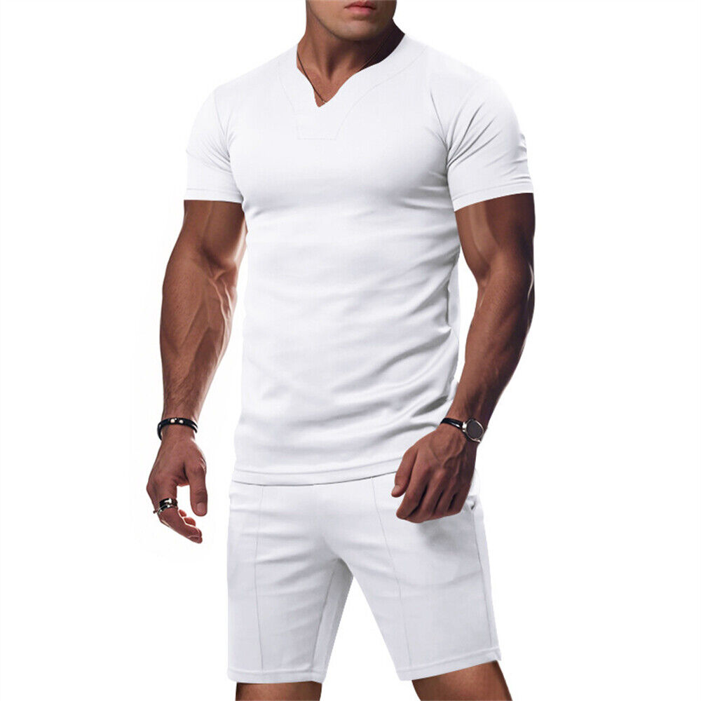 Mens Tracksuit 2-Piece Set Short Sleeve T Shirts Shorts Suit Fitness Outfit Sets - Foto 19 di 20