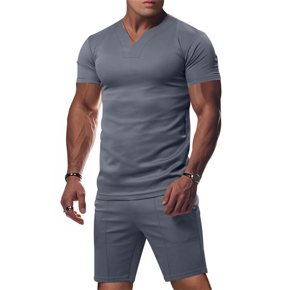 Mens Tracksuit 2-Piece Set Short Sleeve T Shirts Shorts Suit Fitness Outfit Sets - Foto 20 di 20
