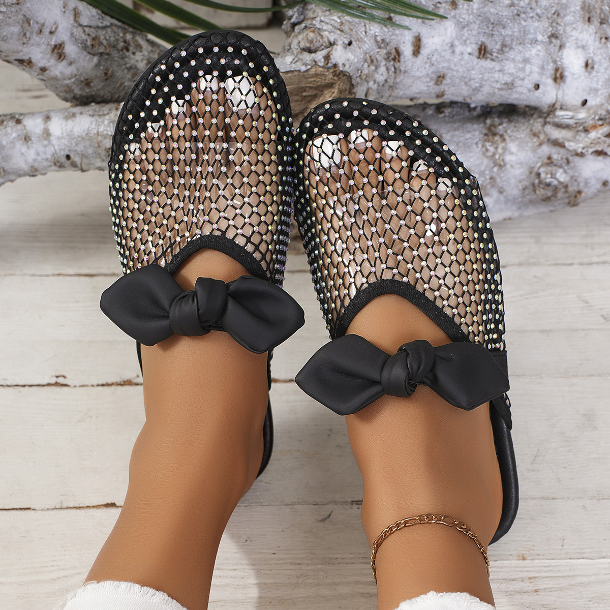 Sandalias informales para mujer ahuecadas punta cerrada zapatos de playa moños planos - Imagen 19 de 21