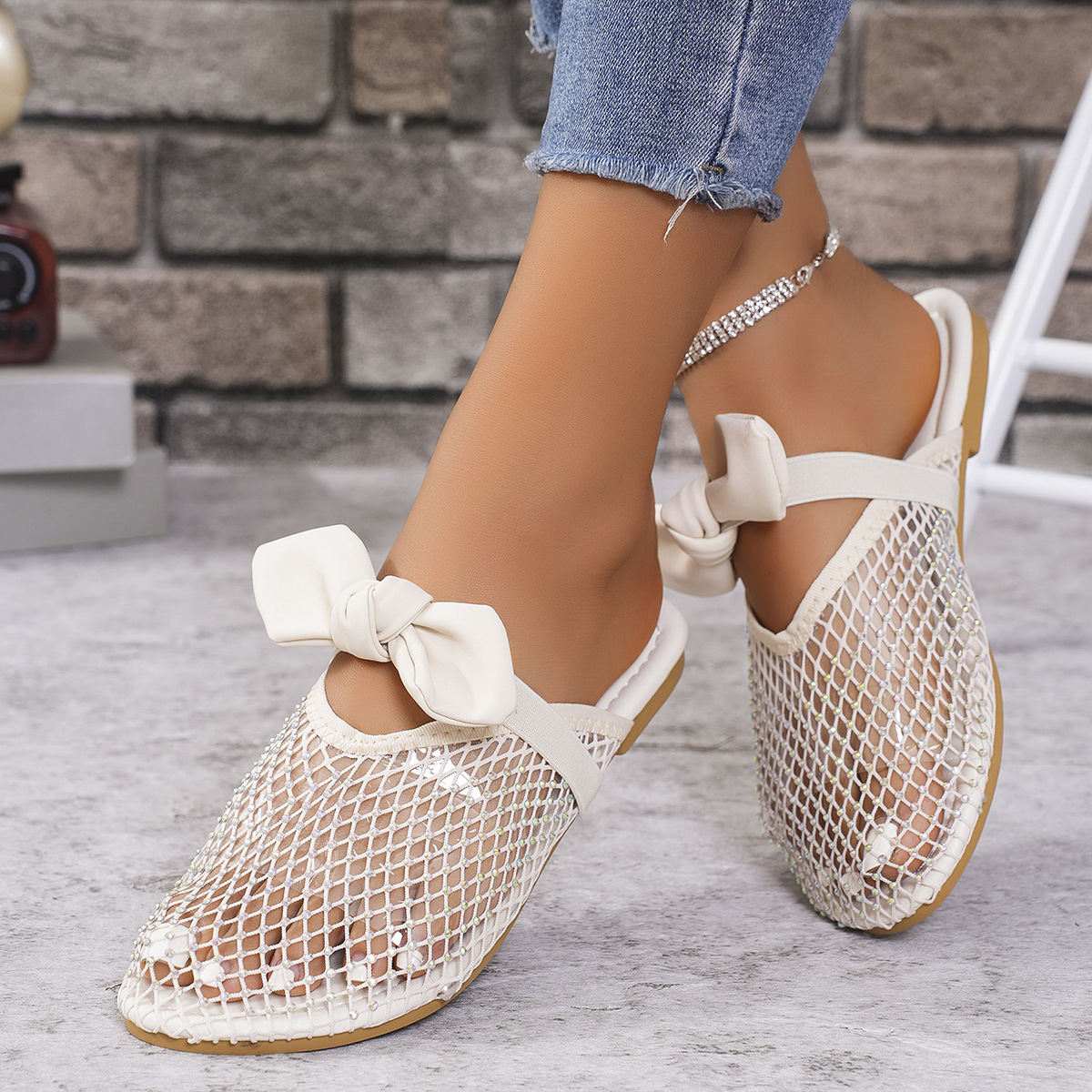 Sandalias informales para mujer ahuecadas punta cerrada zapatos de playa moños planos - Imagen 21 de 21