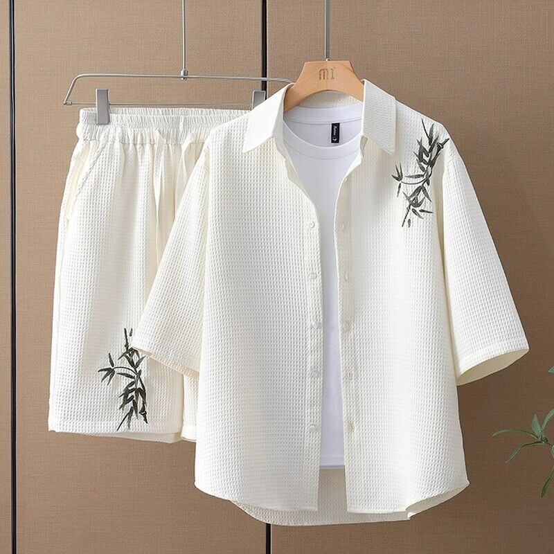 Mens Tracksuit 2-Piece Set Short Sleeve T Shirts Shorts Chinese Style Outfit Set - Imagen 10 de 11