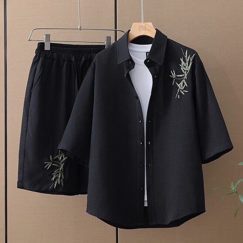Mens Tracksuit 2-Piece Set Short Sleeve T Shirts Shorts Chinese Style Outfit Set - Imagen 11 de 11