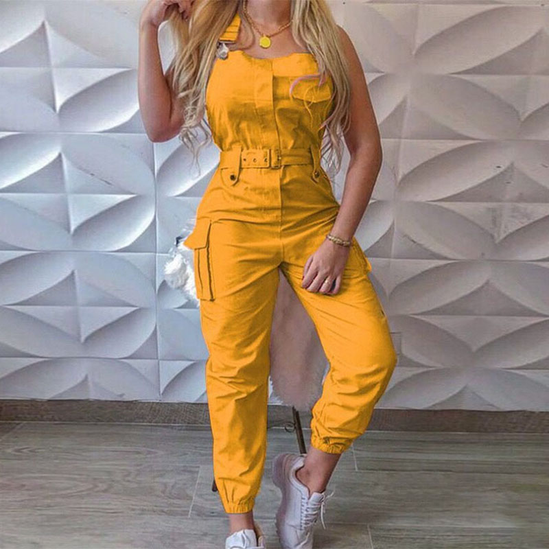 Ärmelloser Cargo-Overall mit Gürtel Damen Sommer Freizeit Urlaub Slim Strampler - Bild 17 von 23