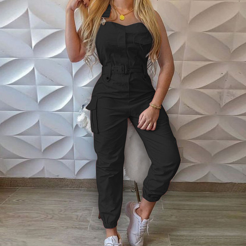 Ärmelloser Cargo-Overall mit Gürtel Damen Sommer Freizeit Urlaub Slim Strampler - Bild 21 von 23