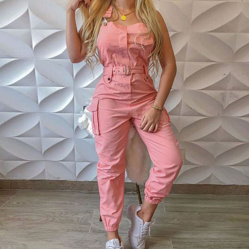 Ärmelloser Cargo-Overall mit Gürtel Damen Sommer Freizeit Urlaub Slim Strampler - Bild 22 von 23