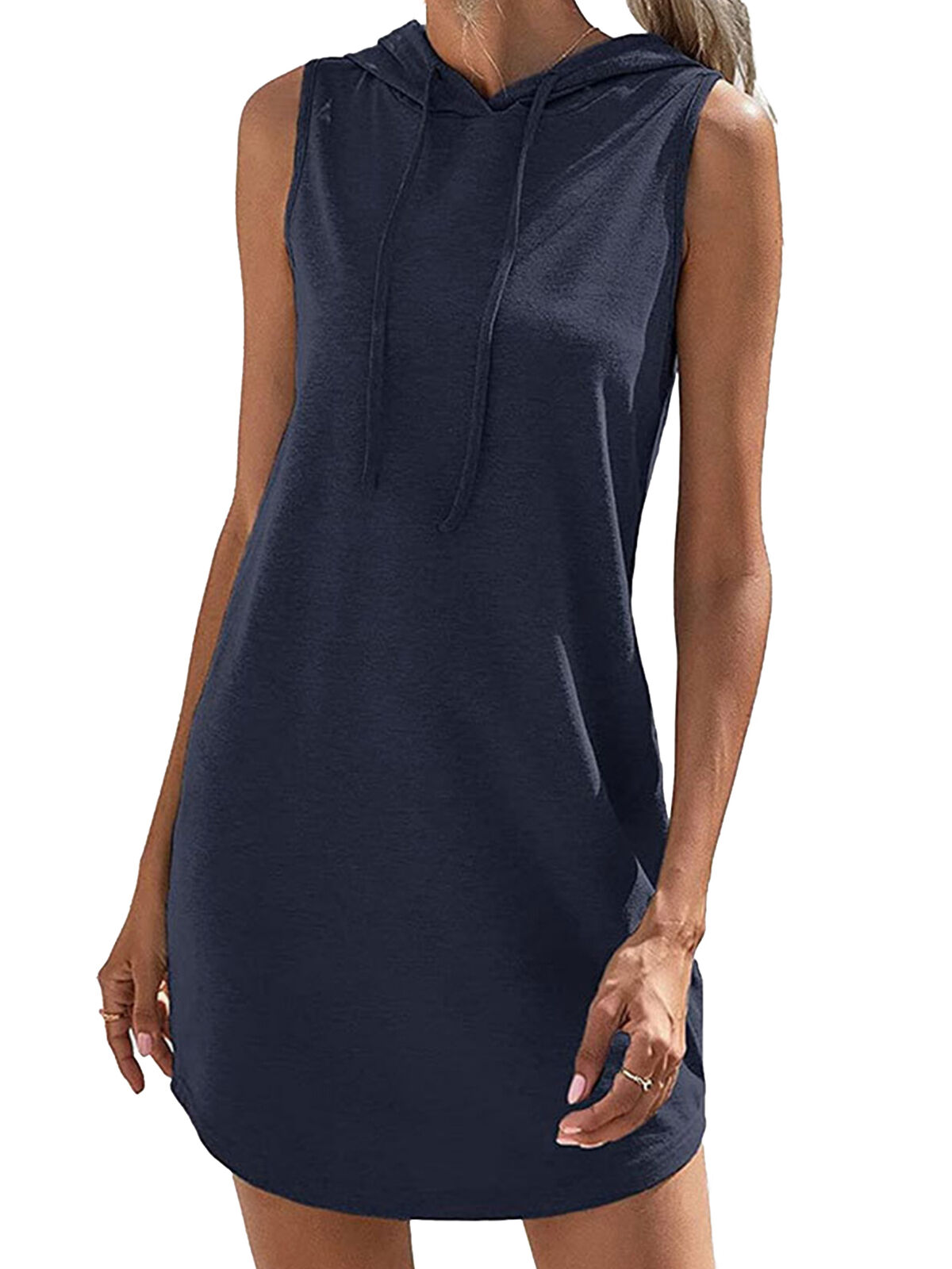 Women Drawstring Sweatshirt Dress Casual Sleeveless Curved Hem Hooded Mini Dress - Picture 12 of 19