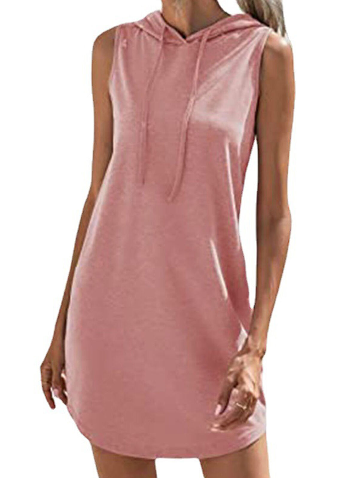 Women Drawstring Sweatshirt Dress Casual Sleeveless Curved Hem Hooded Mini Dress - Picture 16 of 19