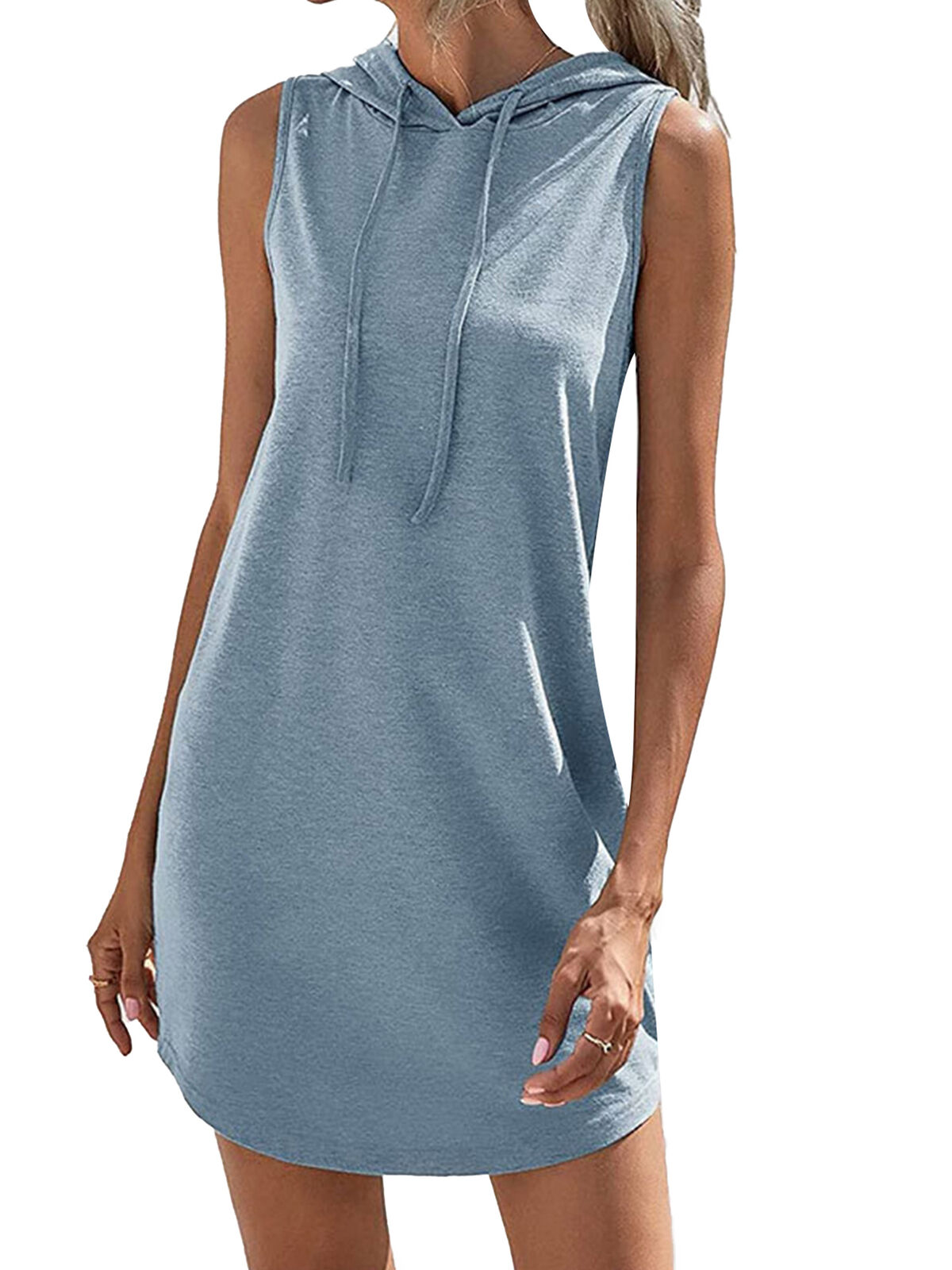 Women Drawstring Sweatshirt Dress Casual Sleeveless Curved Hem Hooded Mini Dress - Picture 19 of 19
