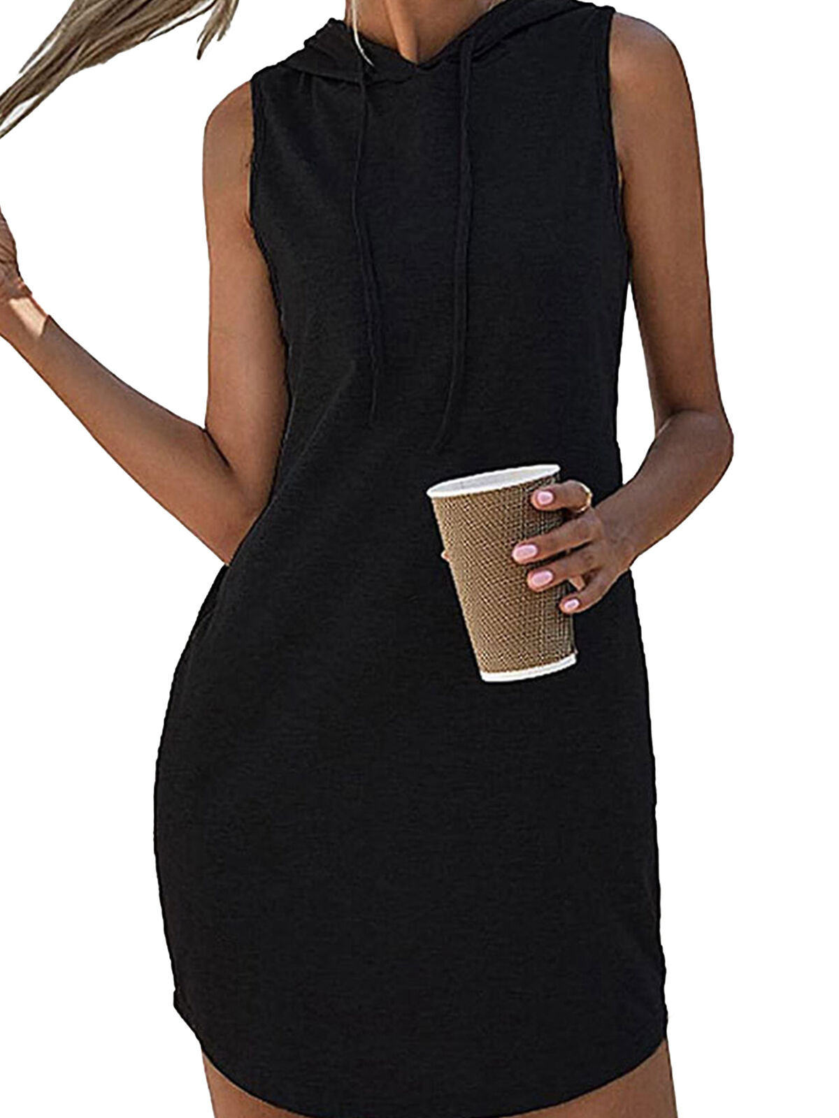 Women Drawstring Sweatshirt Dress Casual Sleeveless Curved Hem Hooded Mini Dress - Picture 13 of 19