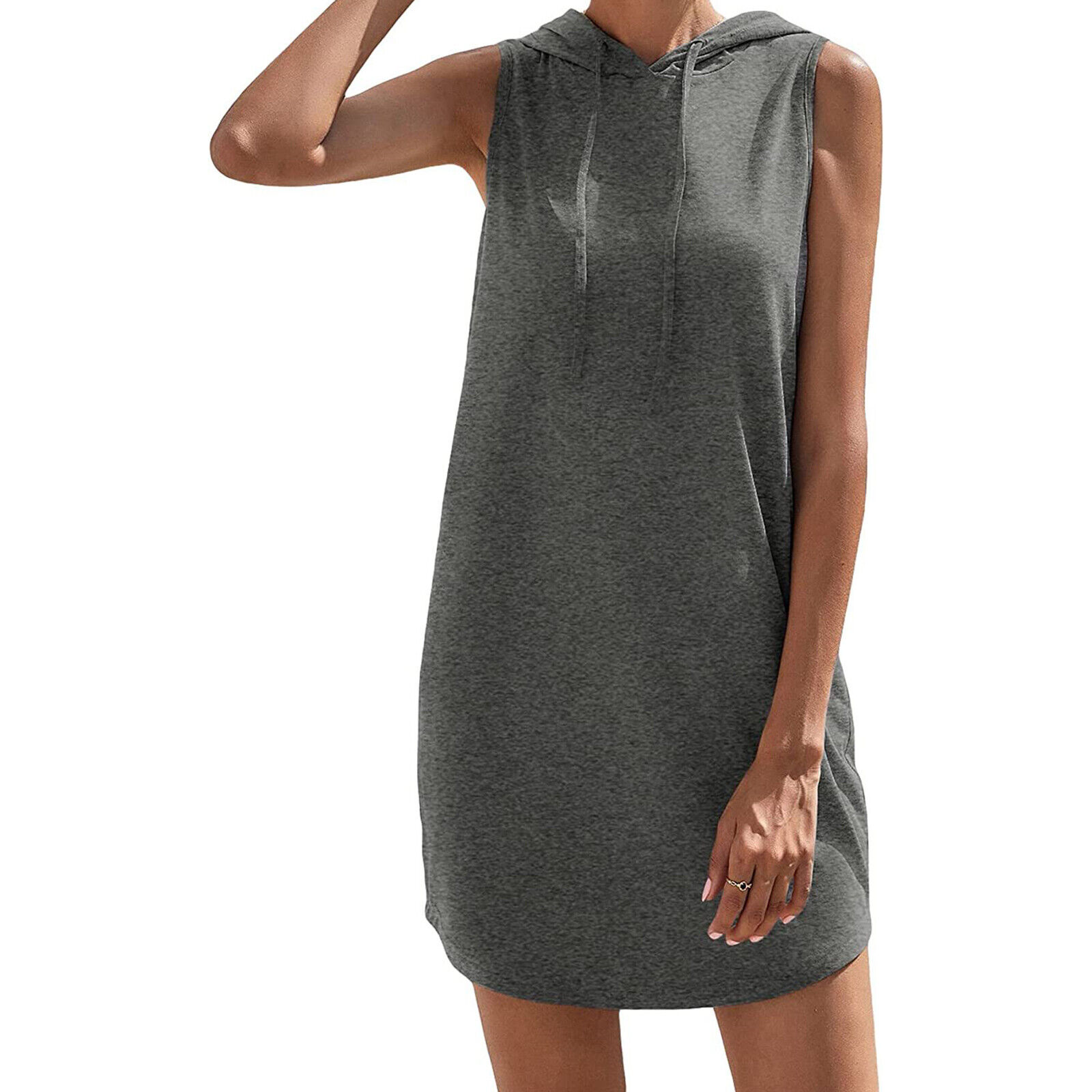 Women Drawstring Sweatshirt Dress Casual Sleeveless Curved Hem Hooded Mini Dress - Picture 15 of 19