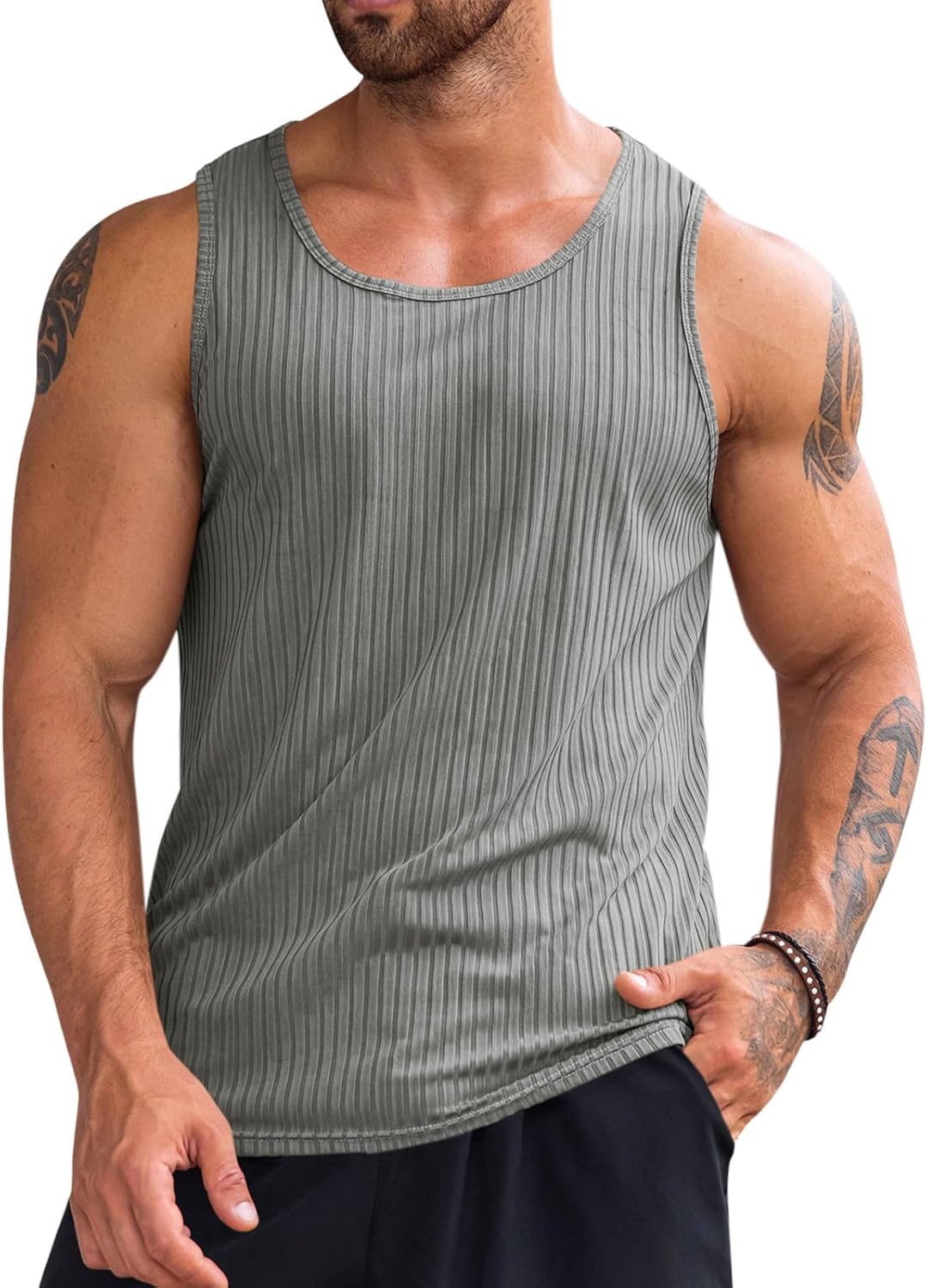 Men's Ribbed Tank Tops Knit Sleeveless Workout T Shirt Muscle Gym Fitness Tee - Picture 25 of 50