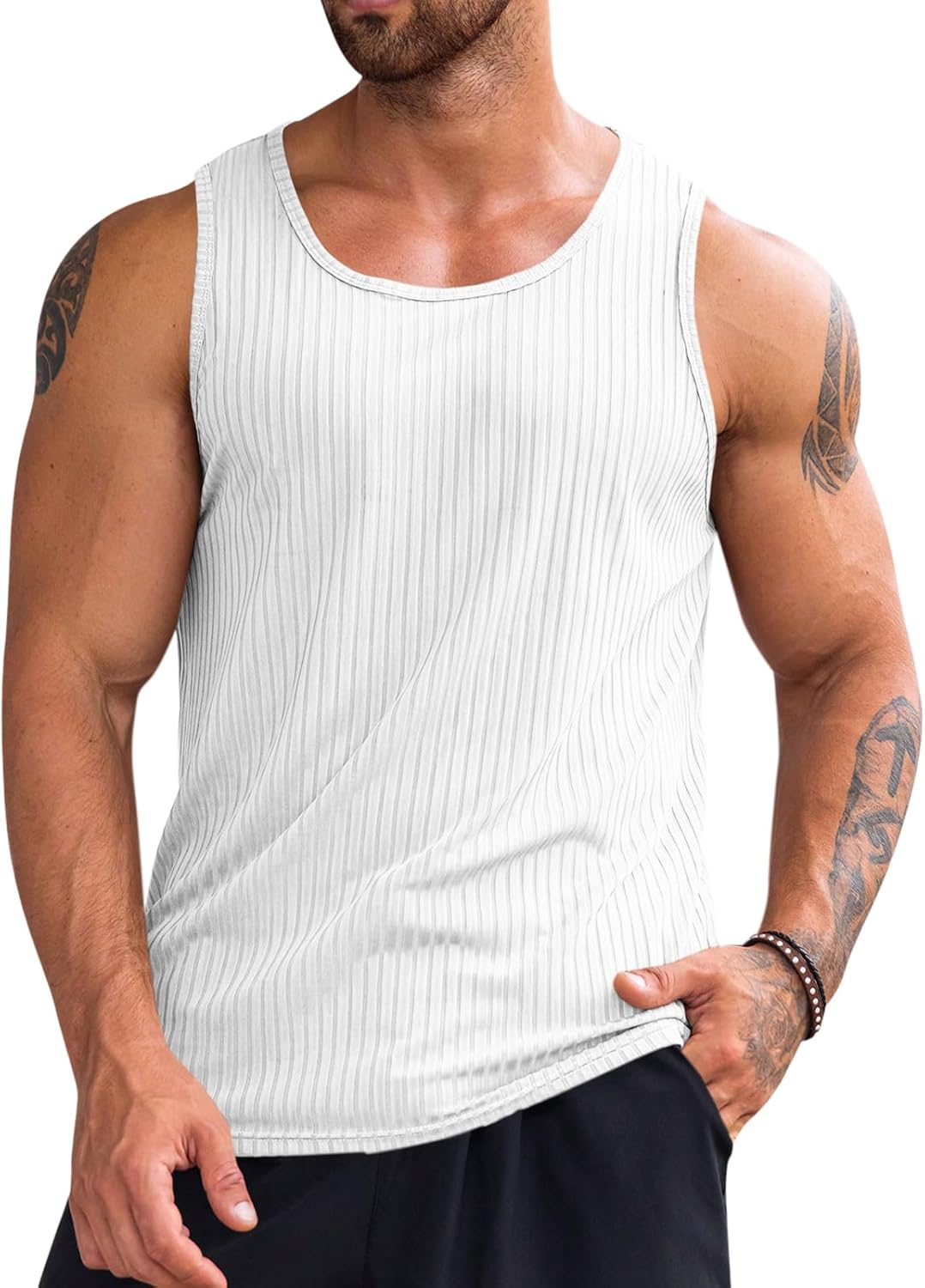 Men's Ribbed Tank Tops Knit Sleeveless Workout T Shirt Muscle Gym Fitness Tee - Picture 28 of 50