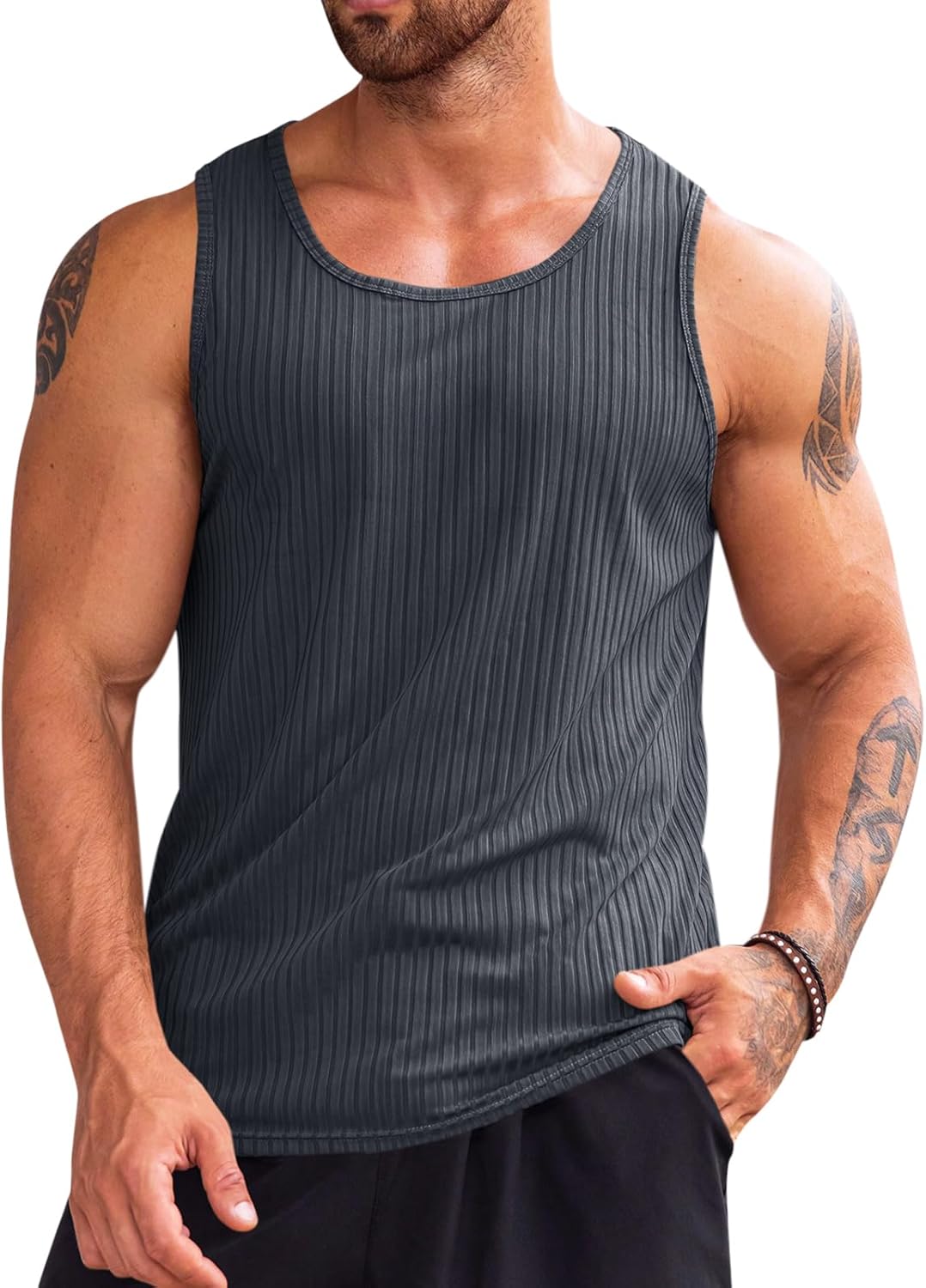 Men's Ribbed Tank Tops Knit Sleeveless Workout T Shirt Muscle Gym Fitness Tee - Picture 31 of 50