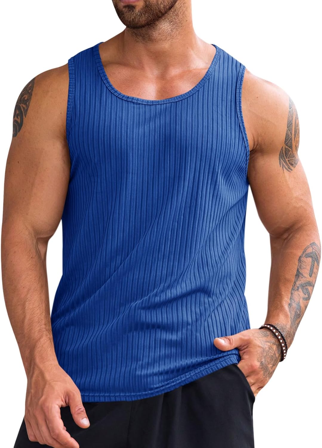 Men's Ribbed Tank Tops Knit Sleeveless Workout T Shirt Muscle Gym Fitness Tee - Picture 34 of 50