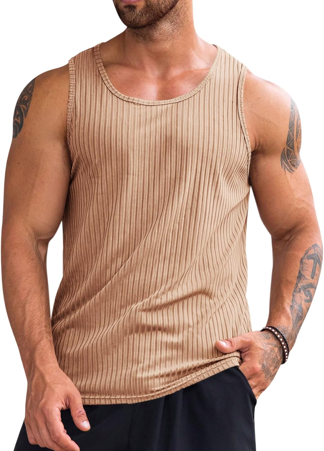 Men's Ribbed Tank Tops Knit Sleeveless Workout T Shirt Muscle Gym Fitness Tee - Picture 40 of 50