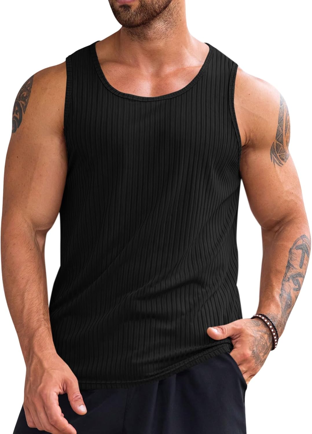 Men's Ribbed Tank Tops Knit Sleeveless Workout T Shirt Muscle Gym Fitness Tee - Picture 43 of 50