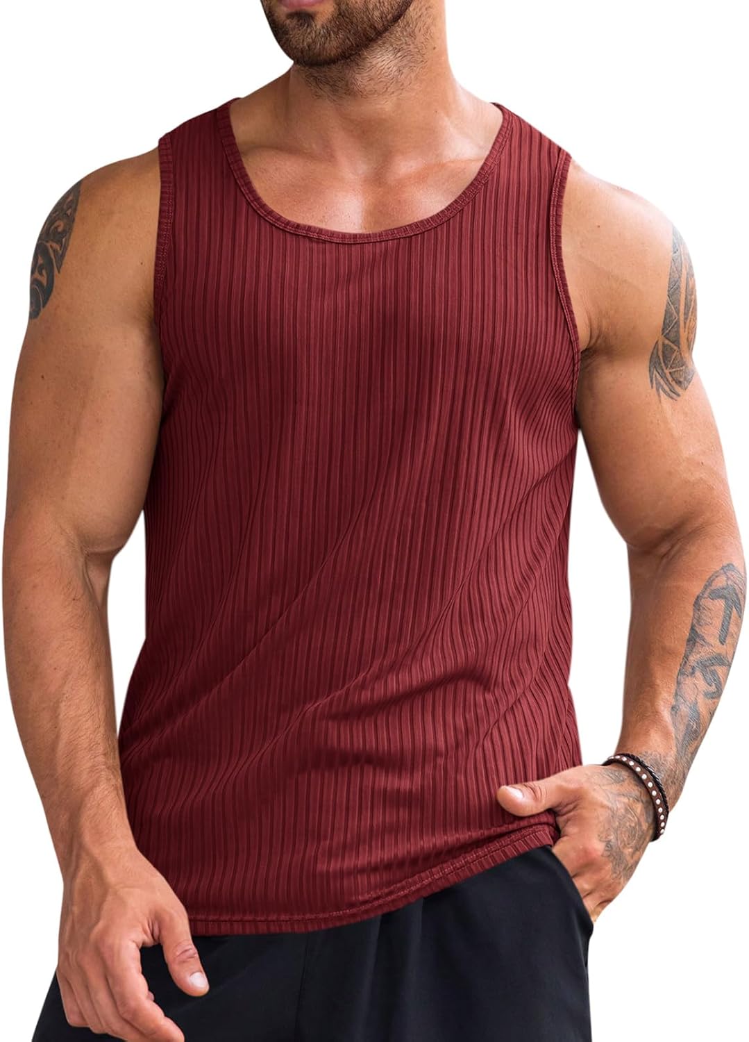 Men's Ribbed Tank Tops Knit Sleeveless Workout T Shirt Muscle Gym Fitness Tee - Picture 46 of 50