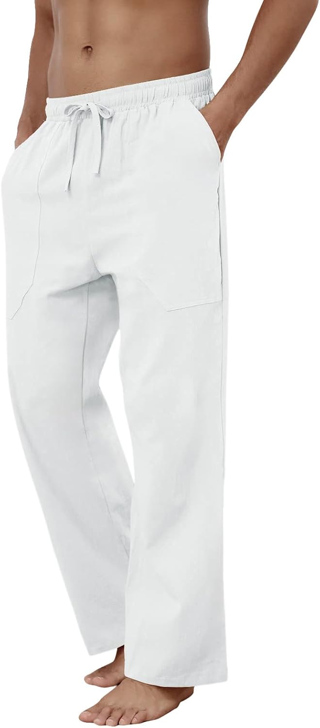 Baumwolle Leinen Hose Herren Freizeit Locker Elastisch Kordelzug Taille Sommer Strand Hose - Bild 28 von 64
