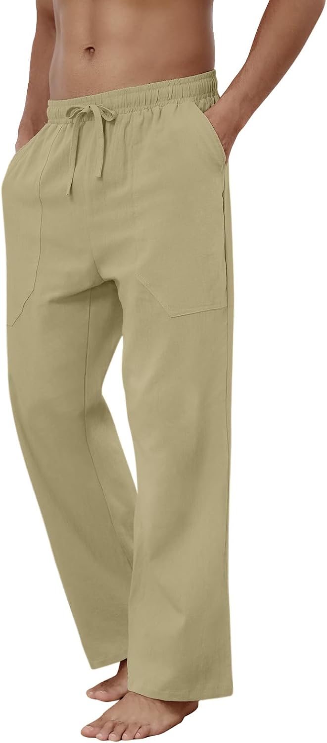Baumwolle Leinen Hose Herren Freizeit Locker Elastisch Kordelzug Taille Sommer Strand Hose - Bild 33 von 64