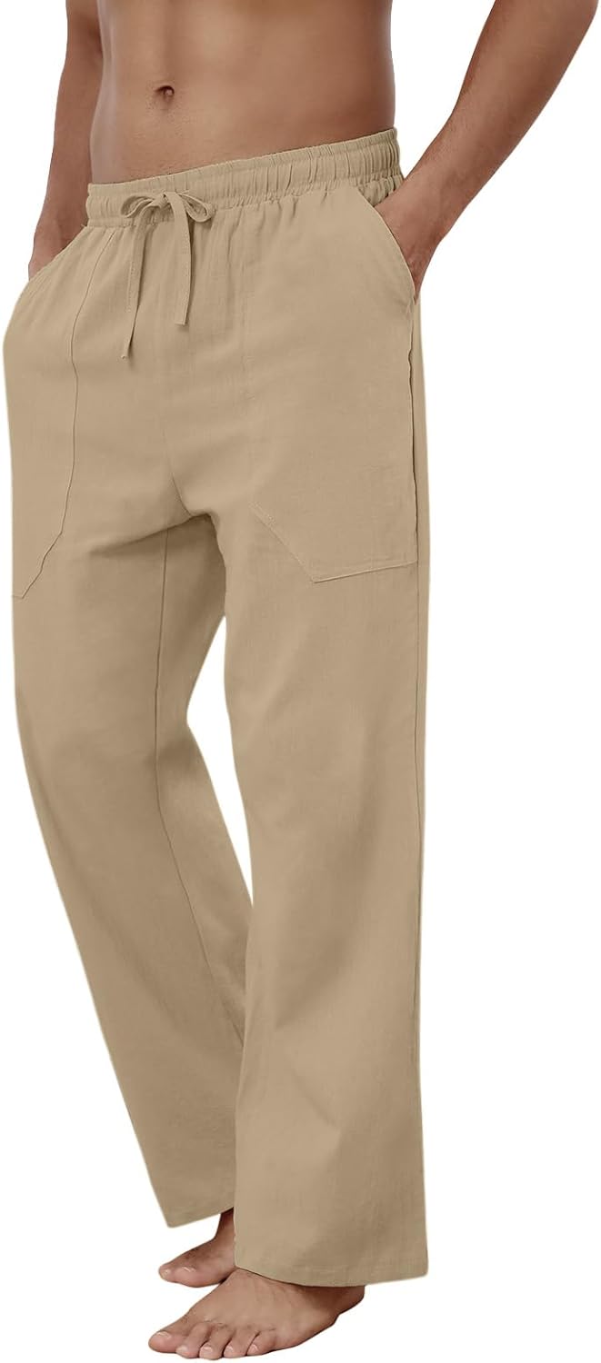 Baumwolle Leinen Hose Herren Freizeit Locker Elastisch Kordelzug Taille Sommer Strand Hose - Bild 38 von 64