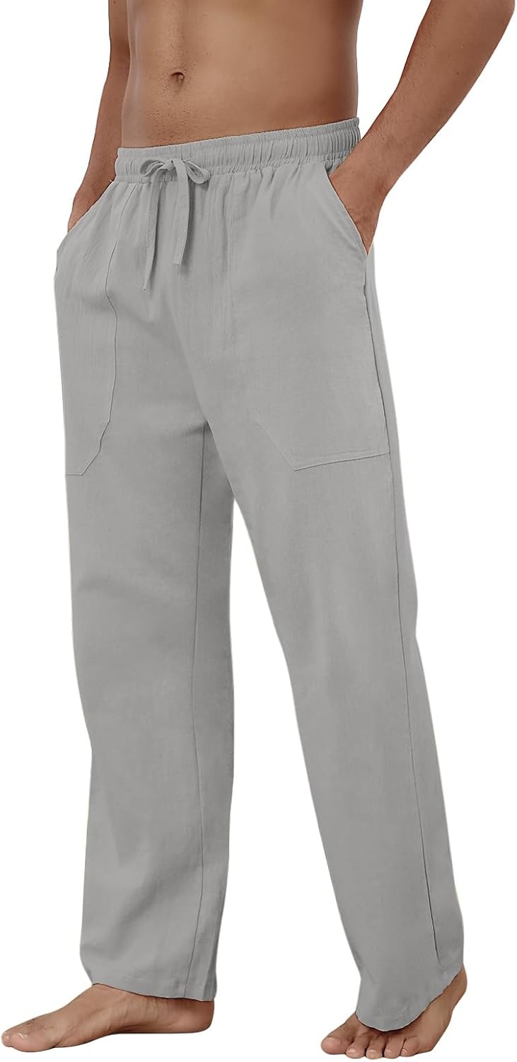 Baumwolle Leinen Hose Herren Freizeit Locker Elastisch Kordelzug Taille Sommer Strand Hose - Bild 42 von 64